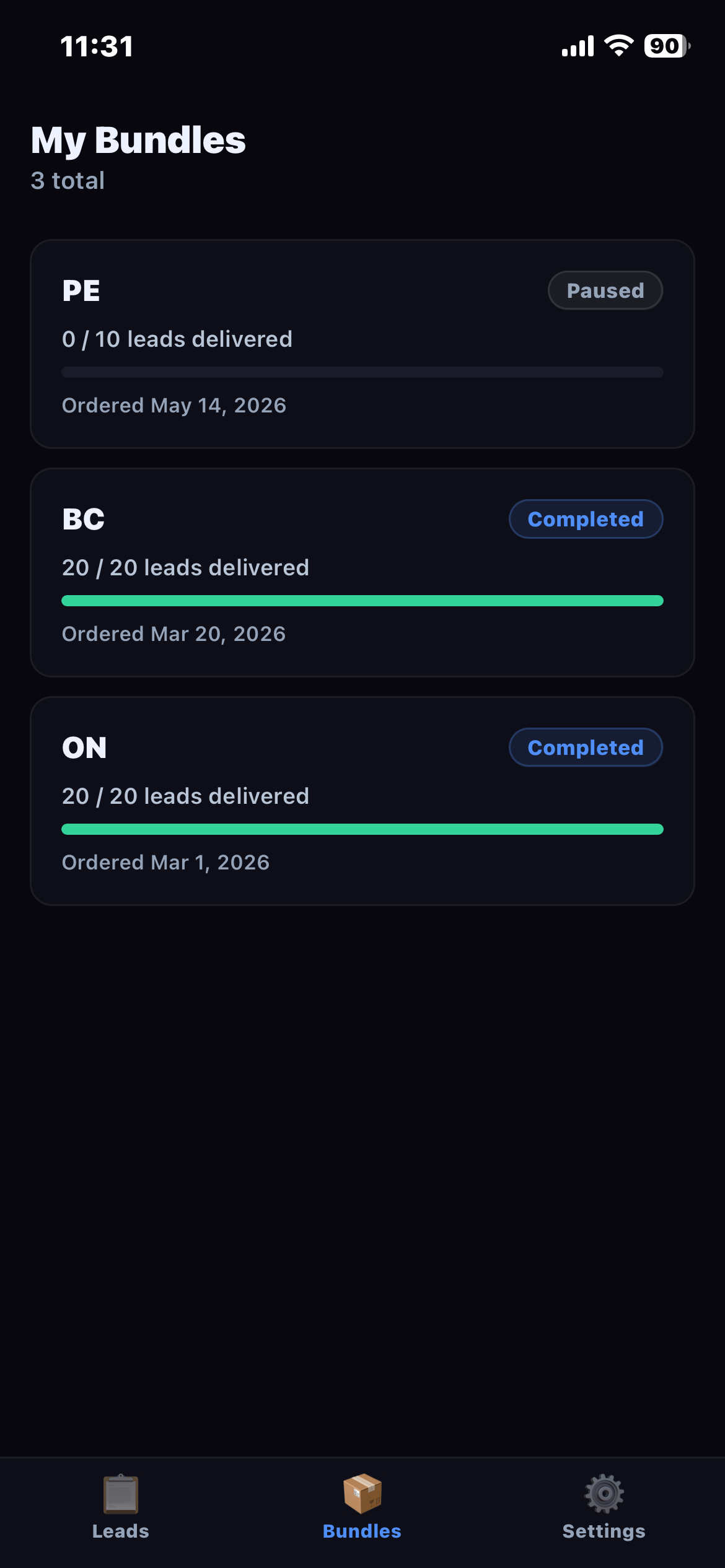 Bundles tab showing lead delivery progress