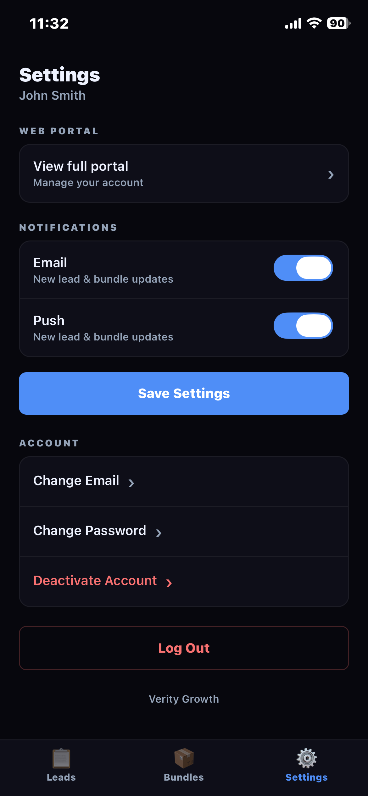 Settings tab with email and push notification toggles