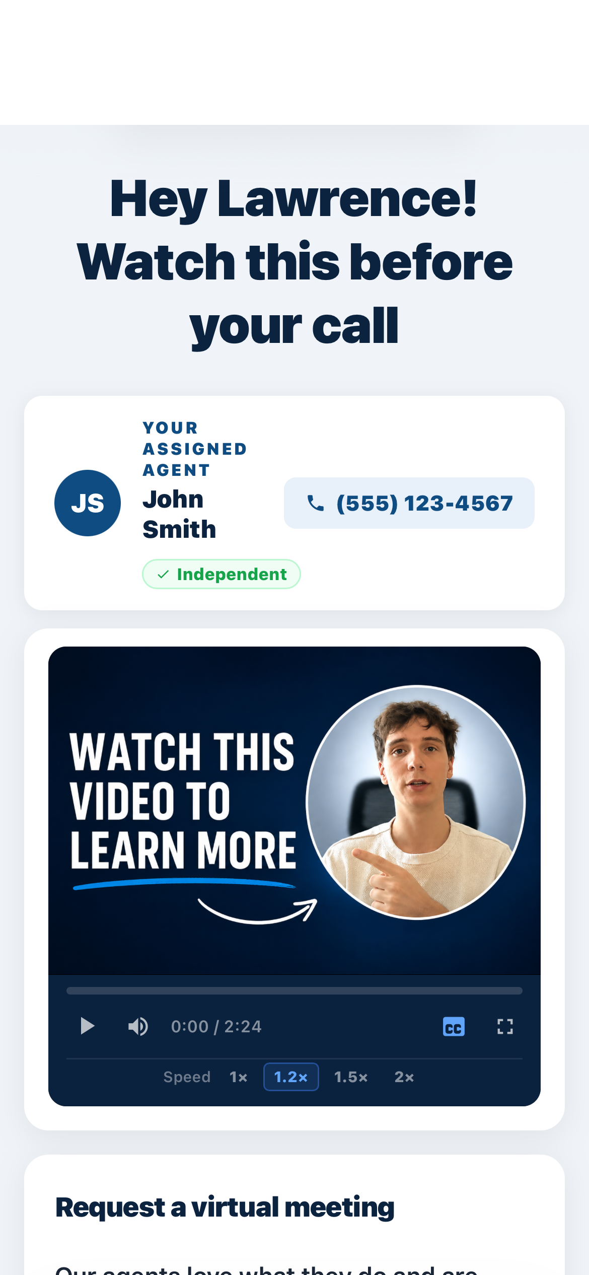 Thank you page showing agent name, video and booking prompt
